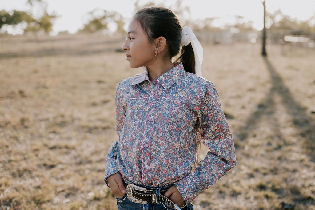 "Montana Jnr" Dusty Floral Western Long Sleeve Shirt-Little Windmill Clothing Co