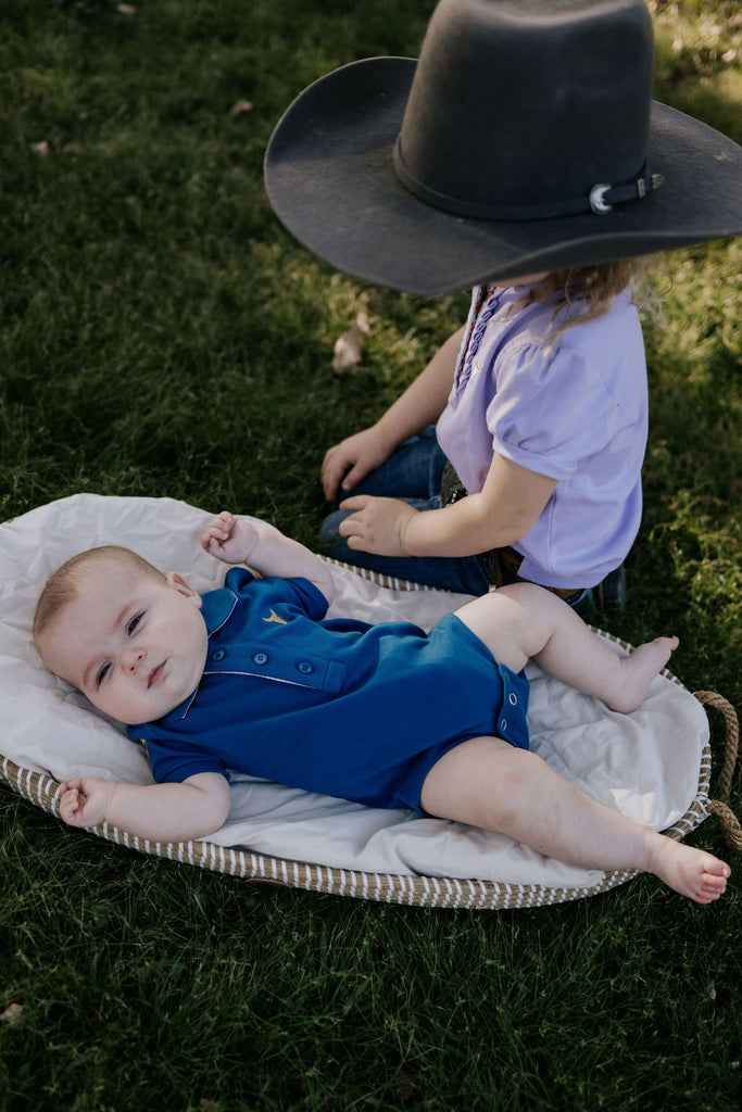 "Nathan Baby" Ocean Blue Contrast Baby Polo Romper-Little Windmill Clothing Co