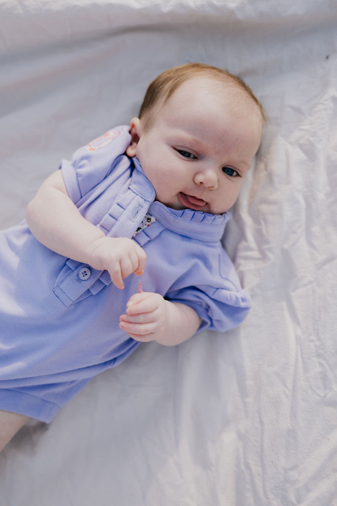 "Lizzy Baby" Violet Contrast Baby Polo Romper-Little Windmill Clothing Co