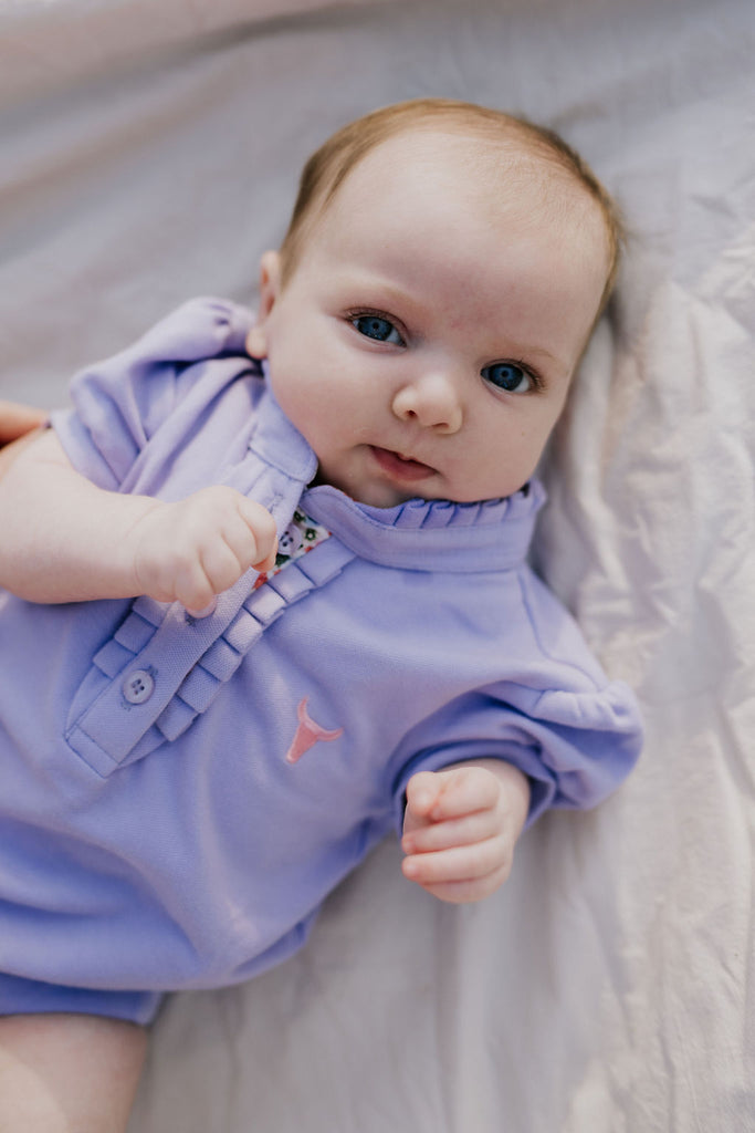 "Lizzy Baby" Violet Contrast Baby Polo Romper-Little Windmill Clothing Co