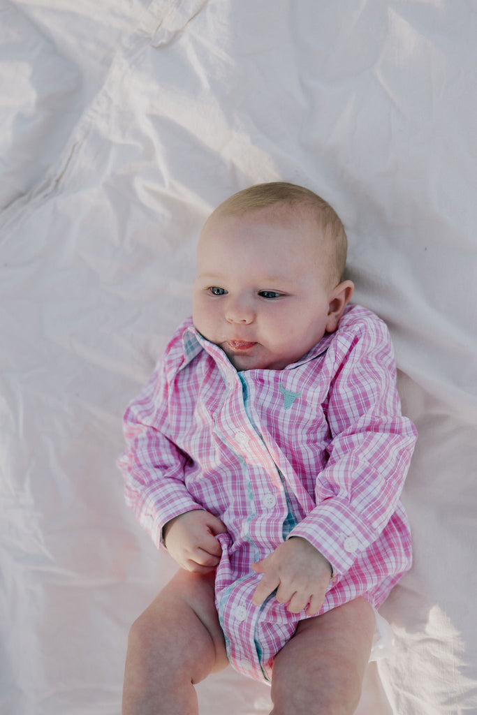 "Carla Baby" Pink Western Collar Long Sleeve Romper-Little Windmill Clothing Co