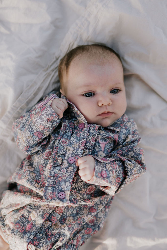 "Montana Baby" Dusty Floral Western Collar Long Sleeve Romper-Little Windmill Clothing Co