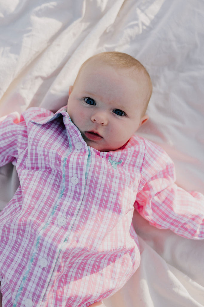 "Carla Baby" Pink Western Collar Long Sleeve Romper-Little Windmill Clothing Co