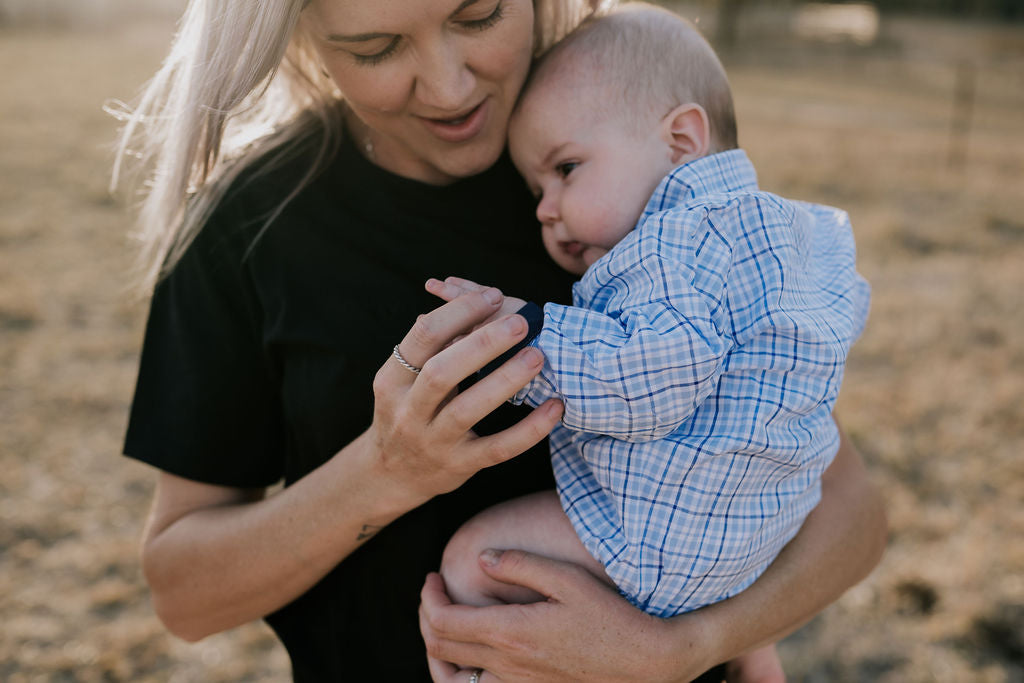 "Charles Baby" Blue Classic Gingham` Long Sleeve Romper-Little Windmill Clothing Co