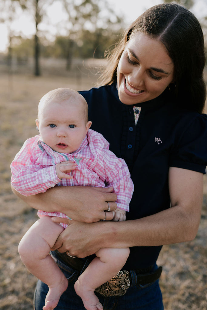 "Carla Baby" Pink Western Collar Long Sleeve Romper-Little Windmill Clothing Co