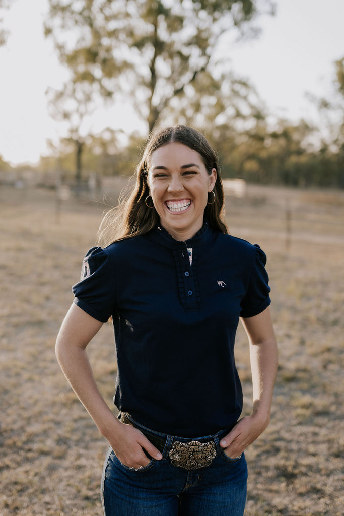 "Harmony" Navy Yellow toned Floral Relax Fitted Women's Contrast Polo-Little Windmill Clothing Co