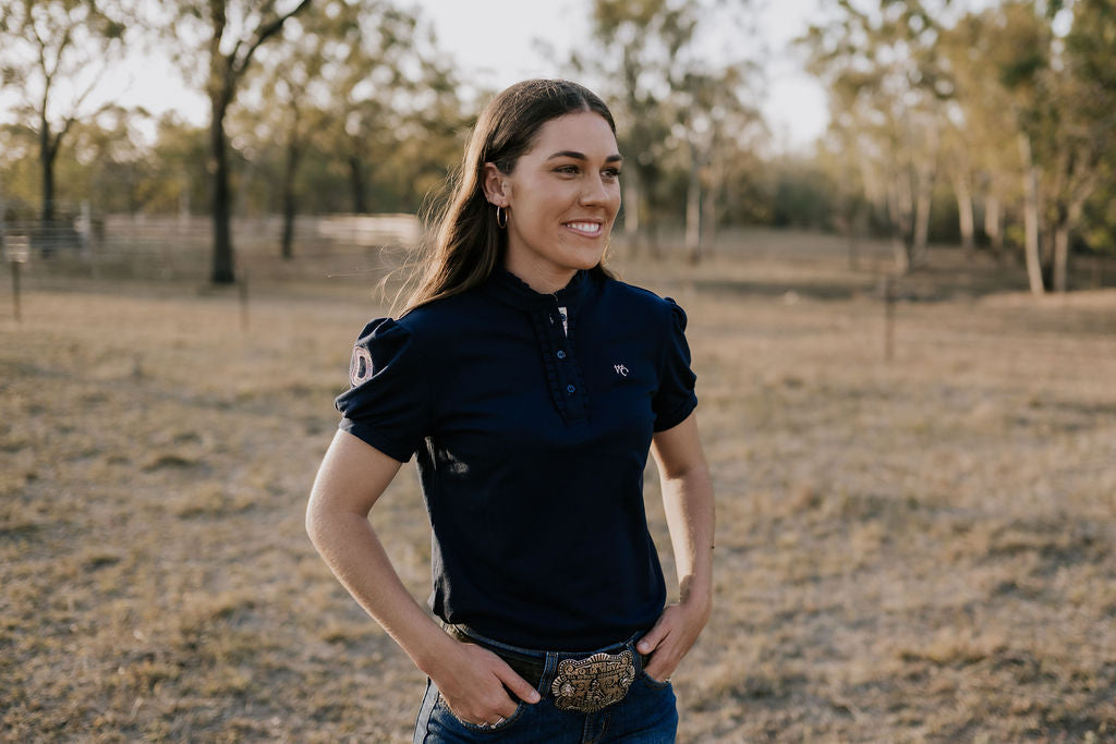 "Harmony" Navy Yellow toned Floral Relax Fitted Women's Contrast Polo-Little Windmill Clothing Co