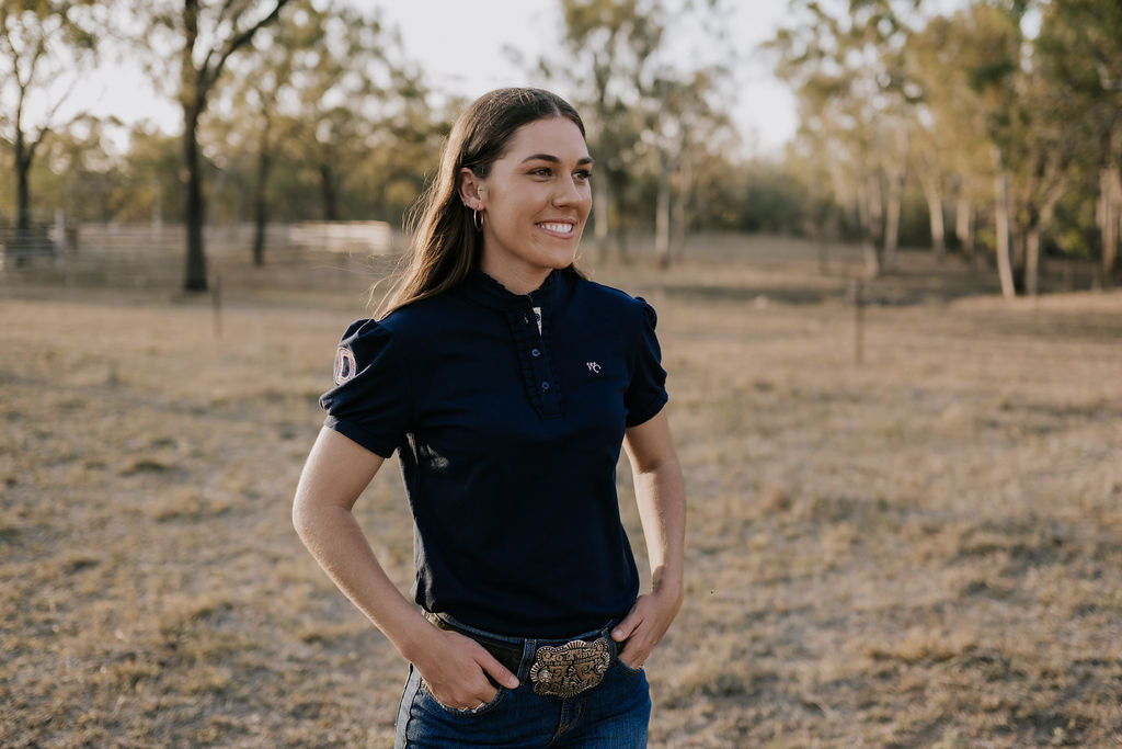 "Harmony" Navy Yellow toned Floral Relax Fitted Women's Contrast Polo-Little Windmill Clothing Co