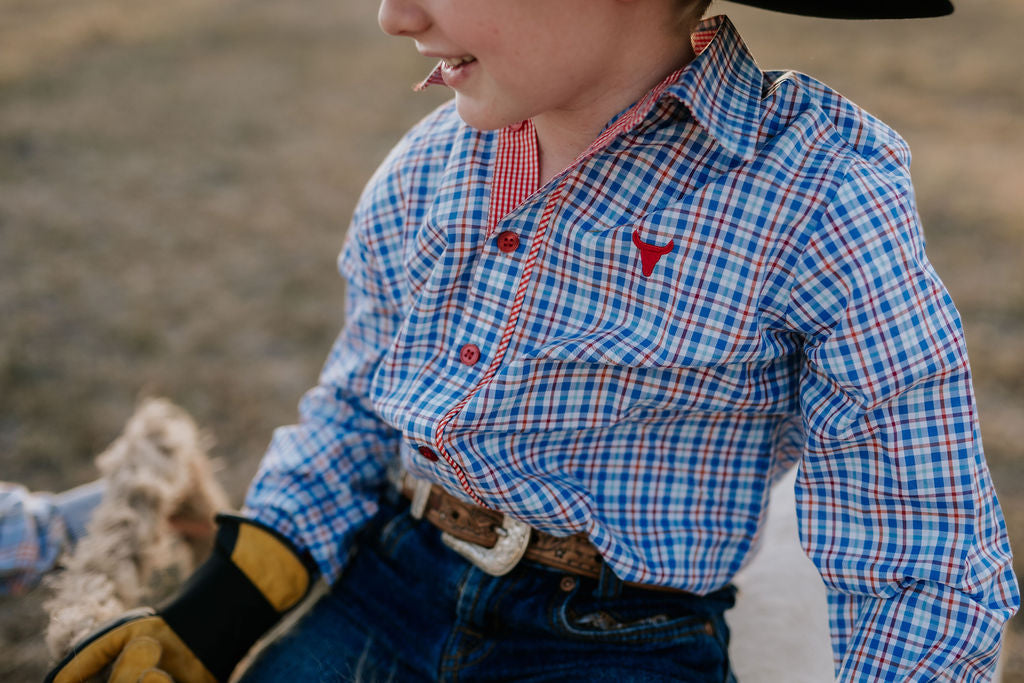 "Harvey" Red Blue Gingham Long Sleeve Shirt-Little Windmill Clothing Co