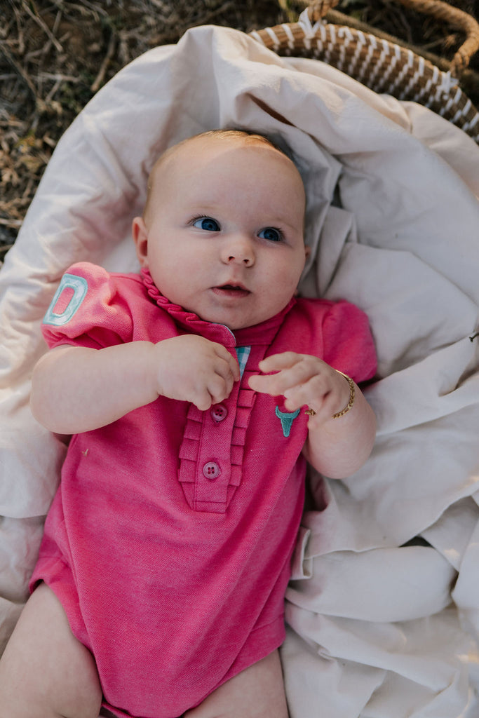 "Bree Baby" Pink Contrast Baby Polo Romper-Little Windmill Clothing Co