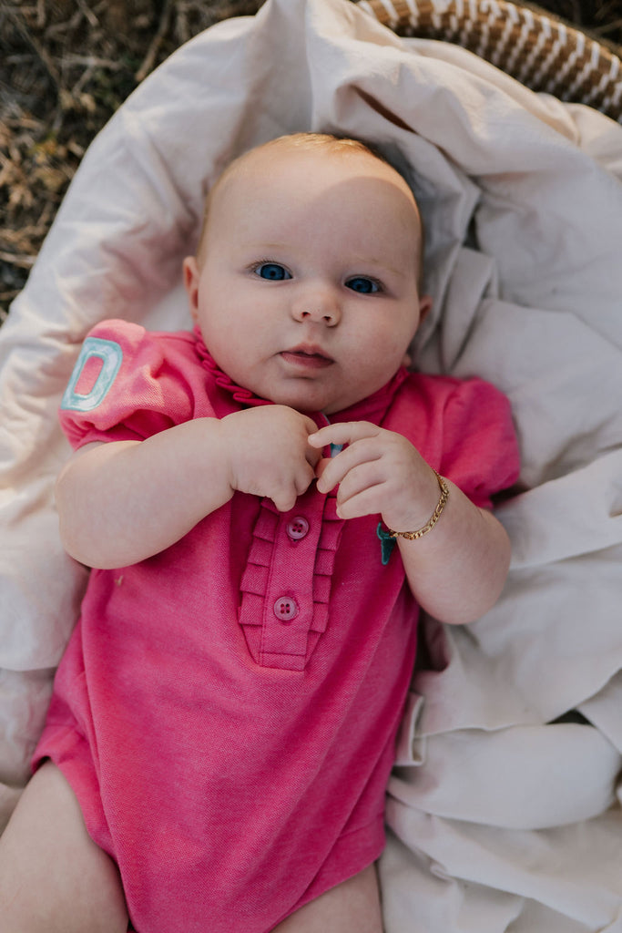 "Bree Baby" Pink Contrast Baby Polo Romper-Little Windmill Clothing Co