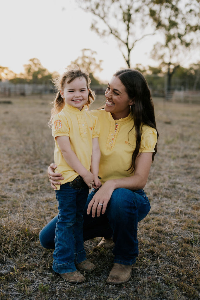 NURSING "Kia" Women's Butter Yellow Floral Contrast Polo-Little Windmill Clothing Co