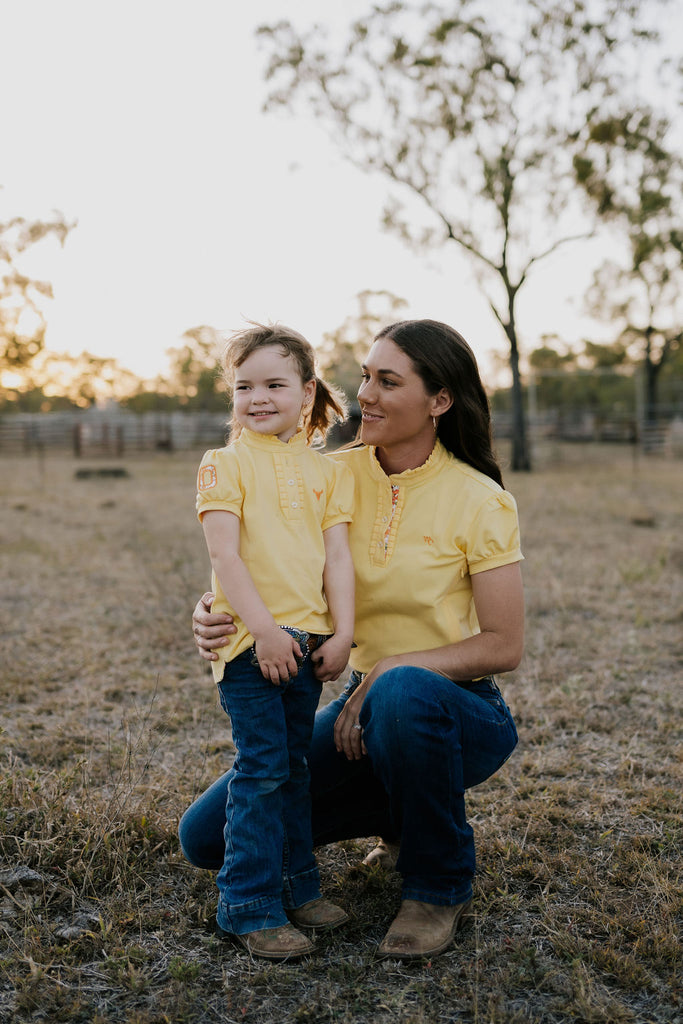 NURSING "Kia" Women's Butter Yellow Floral Contrast Polo-Little Windmill Clothing Co