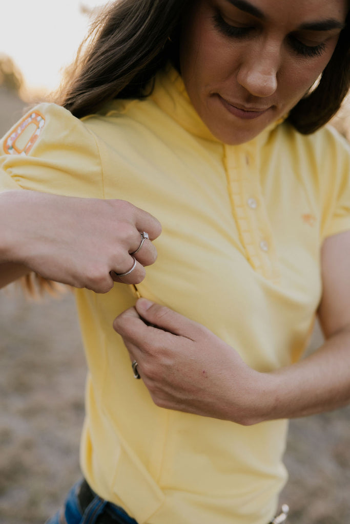 NURSING "Kia" Women's Butter Yellow Floral Contrast Polo-Little Windmill Clothing Co