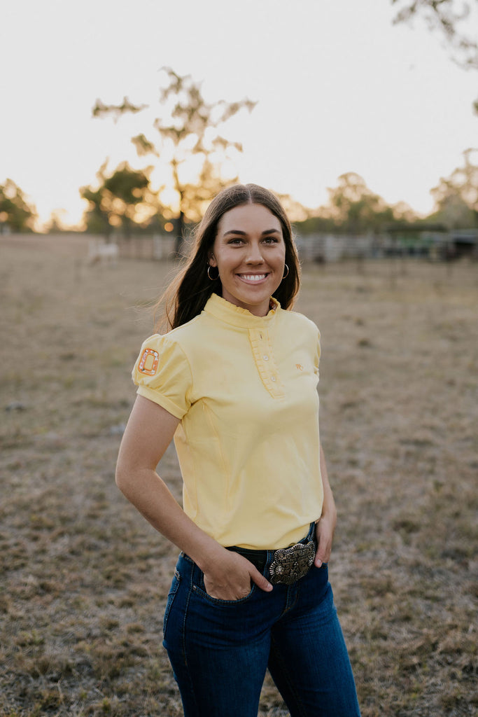 NURSING "Kia" Women's Butter Yellow Floral Contrast Polo-Little Windmill Clothing Co