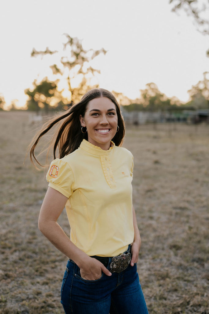 NURSING "Kia" Women's Butter Yellow Floral Contrast Polo-Little Windmill Clothing Co