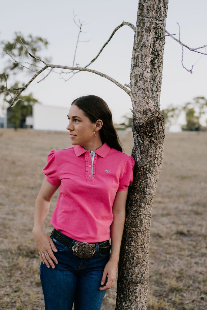 "Bree Miss" Pink Relax Fitted Women's Contrast Polo-Little Windmill Clothing Co