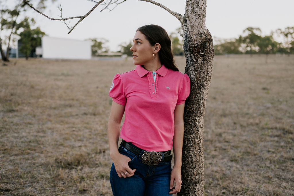 "Bree Miss" Pink Relax Fitted Women's Contrast Polo-Little Windmill Clothing Co