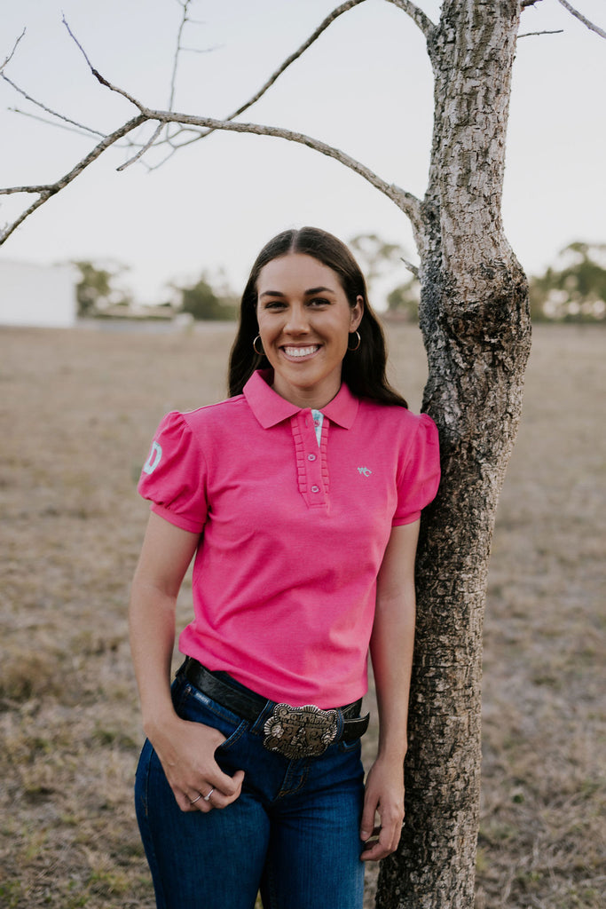 "Bree Miss" Pink Relax Fitted Women's Contrast Polo-Little Windmill Clothing Co