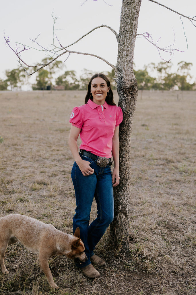 "Bree Miss" Pink Relax Fitted Women's Contrast Polo-Little Windmill Clothing Co