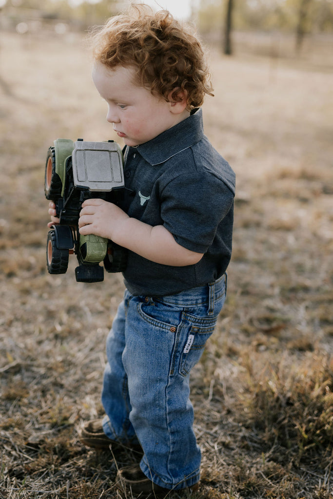 "Benny Baby" Grey Ash Contrast Baby Polo Romper-Little Windmill Clothing Co