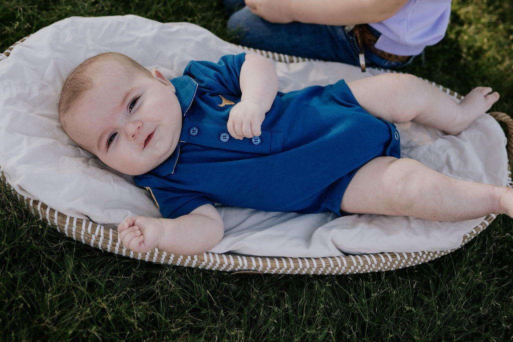 "Nathan Baby" Ocean Blue Contrast Baby Polo Romper-Little Windmill Clothing Co