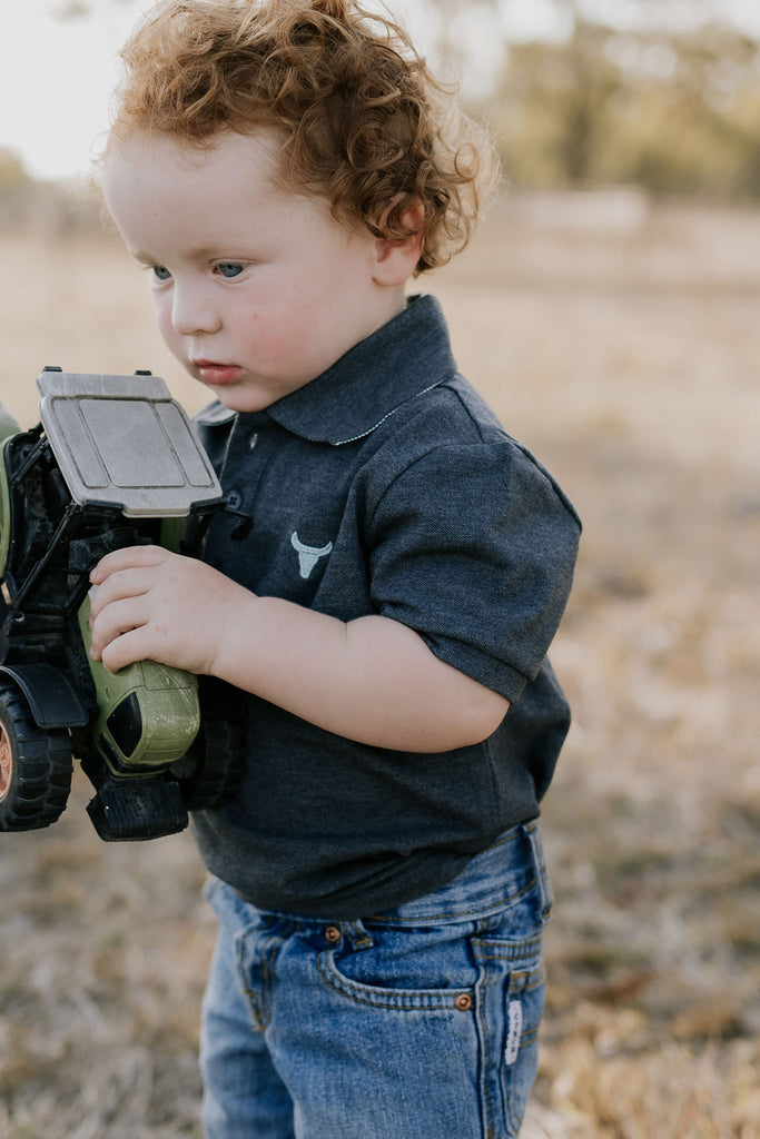 "Benny Baby" Grey Ash Contrast Baby Polo Romper-Little Windmill Clothing Co