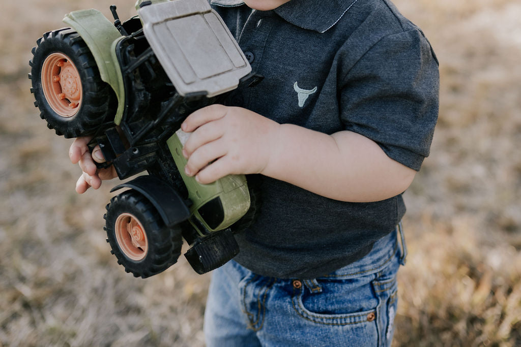 "Benny Baby" Grey Ash Contrast Baby Polo Romper-Little Windmill Clothing Co