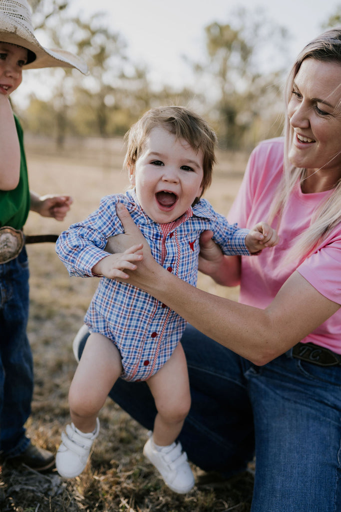 "Harvey Baby" Red Blue Gingham` Long Sleeve Romper-Little Windmill Clothing Co