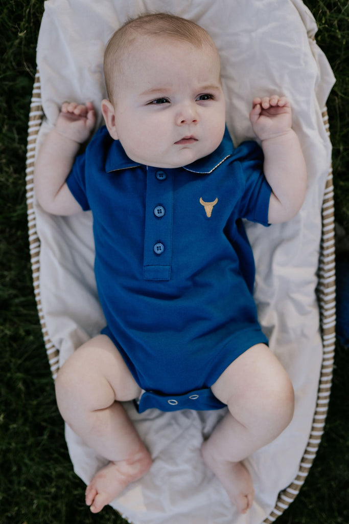 "Nathan Baby" Ocean Blue Contrast Baby Polo Romper-Little Windmill Clothing Co