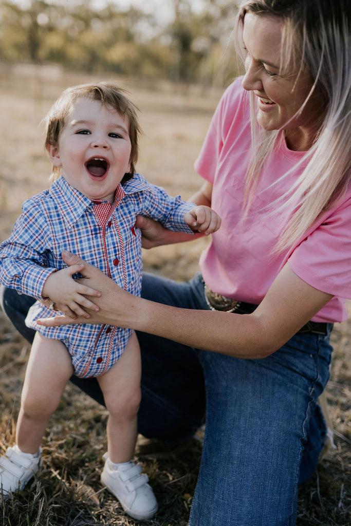 "Harvey Baby" Red Blue Gingham` Long Sleeve Romper-Little Windmill Clothing Co