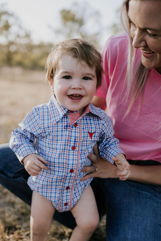 "Harvey Baby" Red Blue Gingham` Long Sleeve Romper-Little Windmill Clothing Co