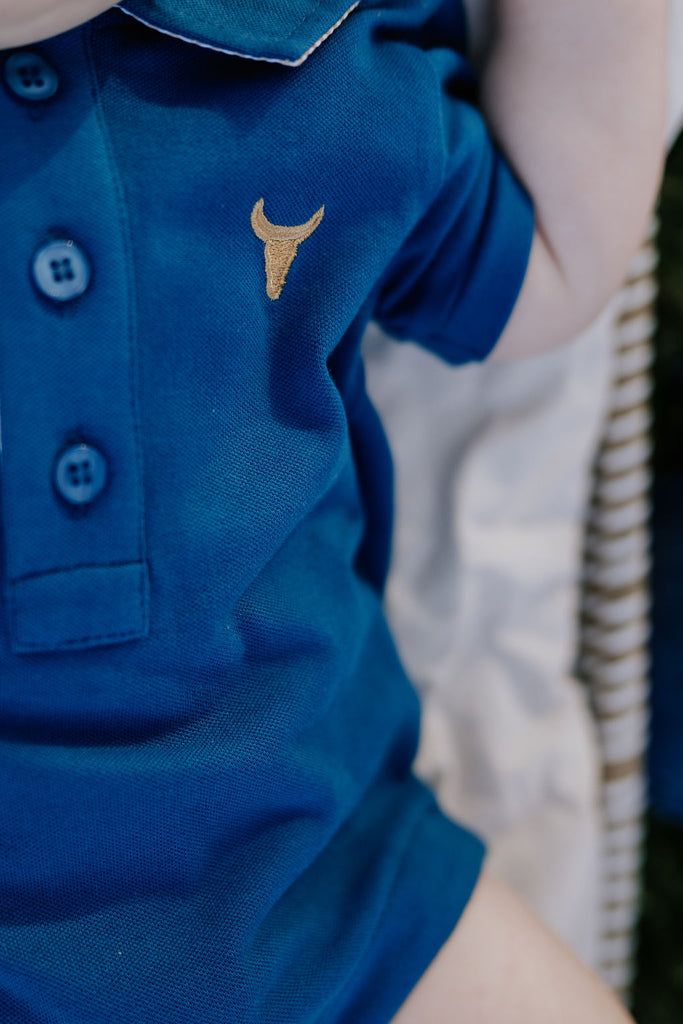 "Nathan Baby" Ocean Blue Contrast Baby Polo Romper-Little Windmill Clothing Co