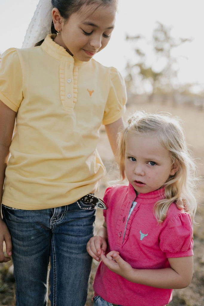 "Kia Jnr" Butter Yellow Ruffle Contrast Polo-Little Windmill Clothing Co