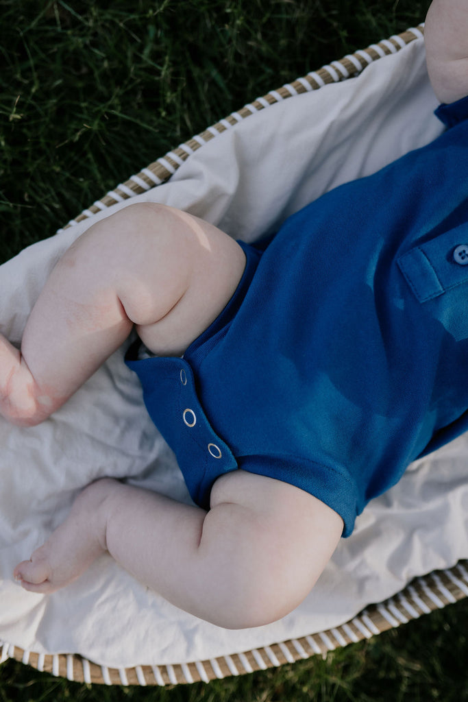 "Nathan Baby" Ocean Blue Contrast Baby Polo Romper-Little Windmill Clothing Co