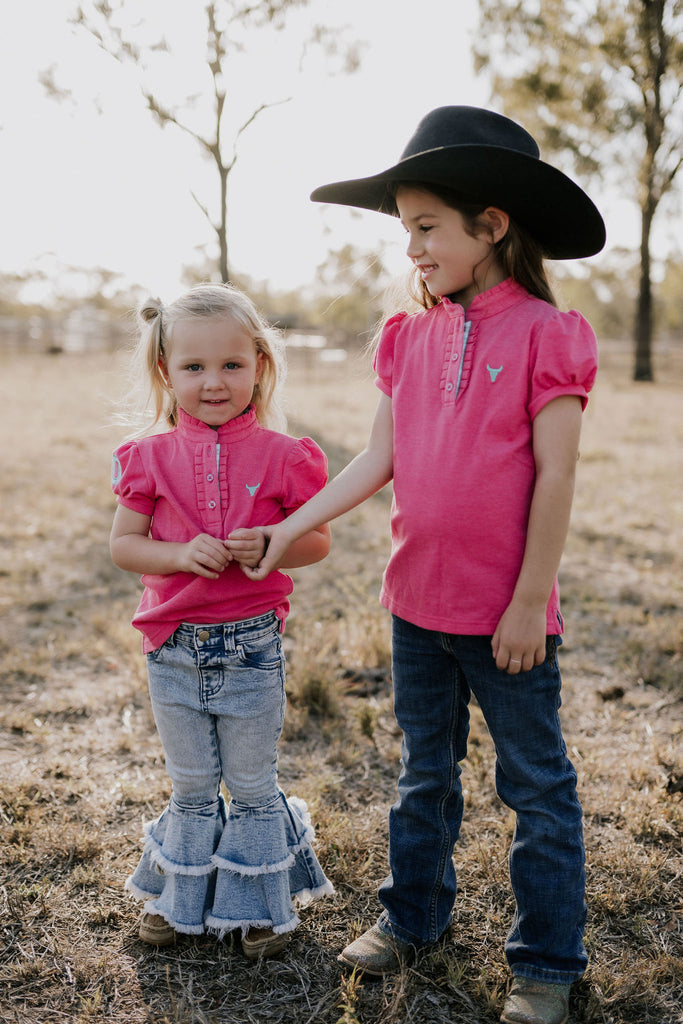 "Bree Jnr" Pink Ruffle Contrast Polo-Little Windmill Clothing Co