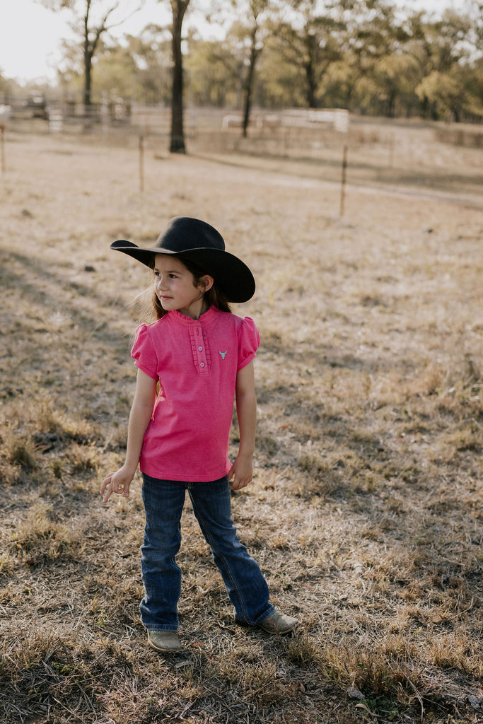 "Bree Jnr" Pink Ruffle Contrast Polo-Little Windmill Clothing Co