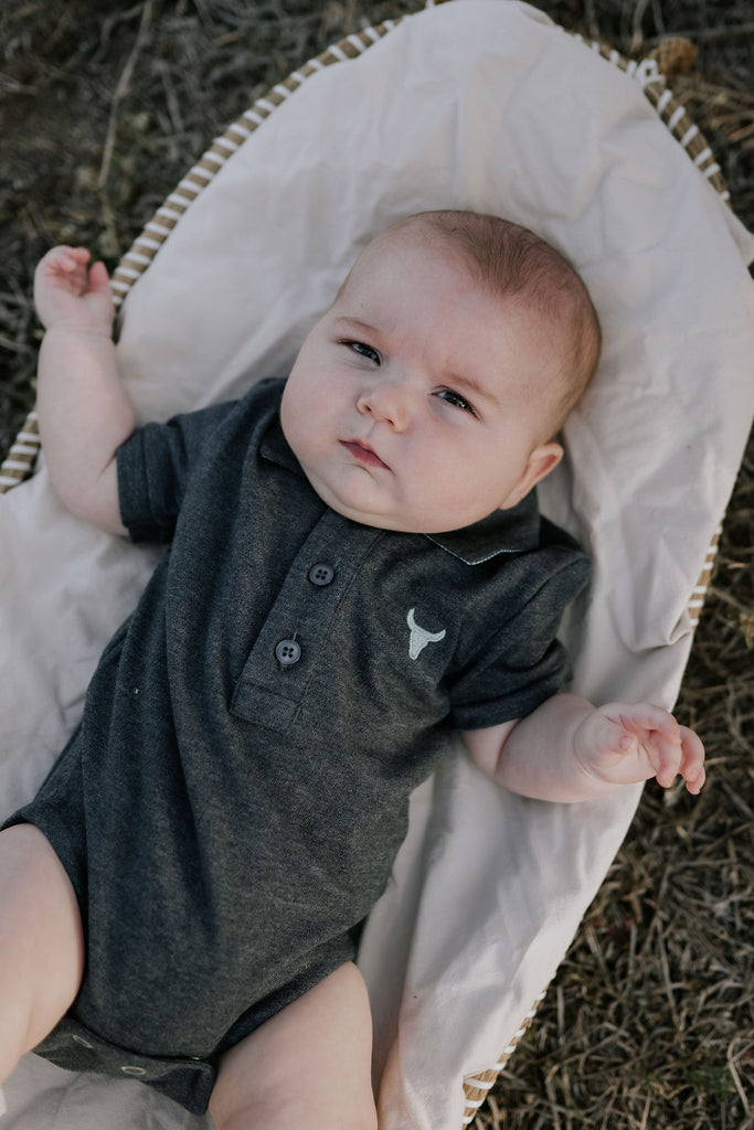 "Benny Baby" Grey Ash Contrast Baby Polo Romper-Little Windmill Clothing Co