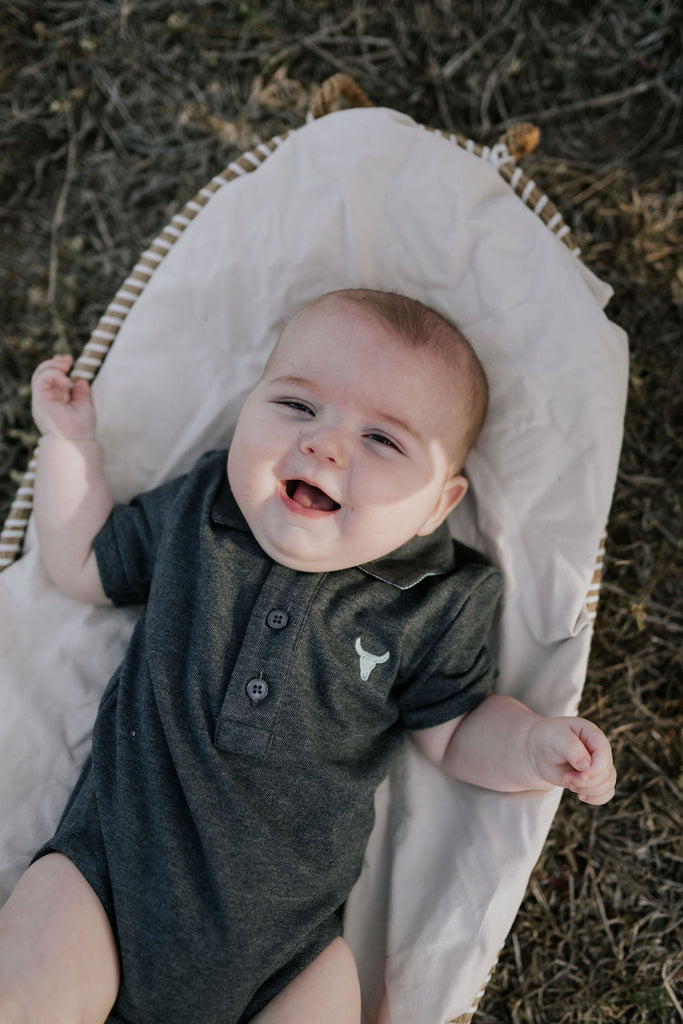 "Benny Baby" Grey Ash Contrast Baby Polo Romper-Little Windmill Clothing Co