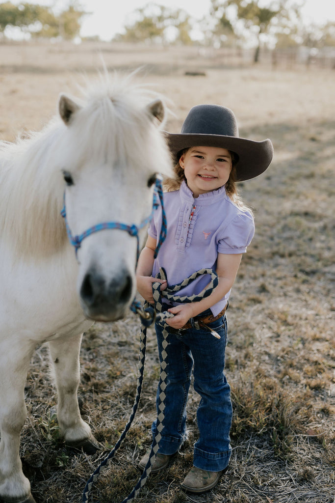 "Lizzy Jnr" Soft Violet Ruffle Contrast Polo-Little Windmill Clothing Co