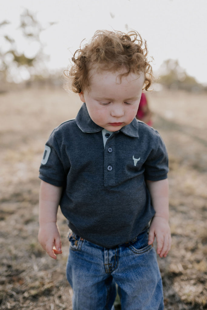 "Benny Baby" Grey Ash Contrast Baby Polo Romper-Little Windmill Clothing Co