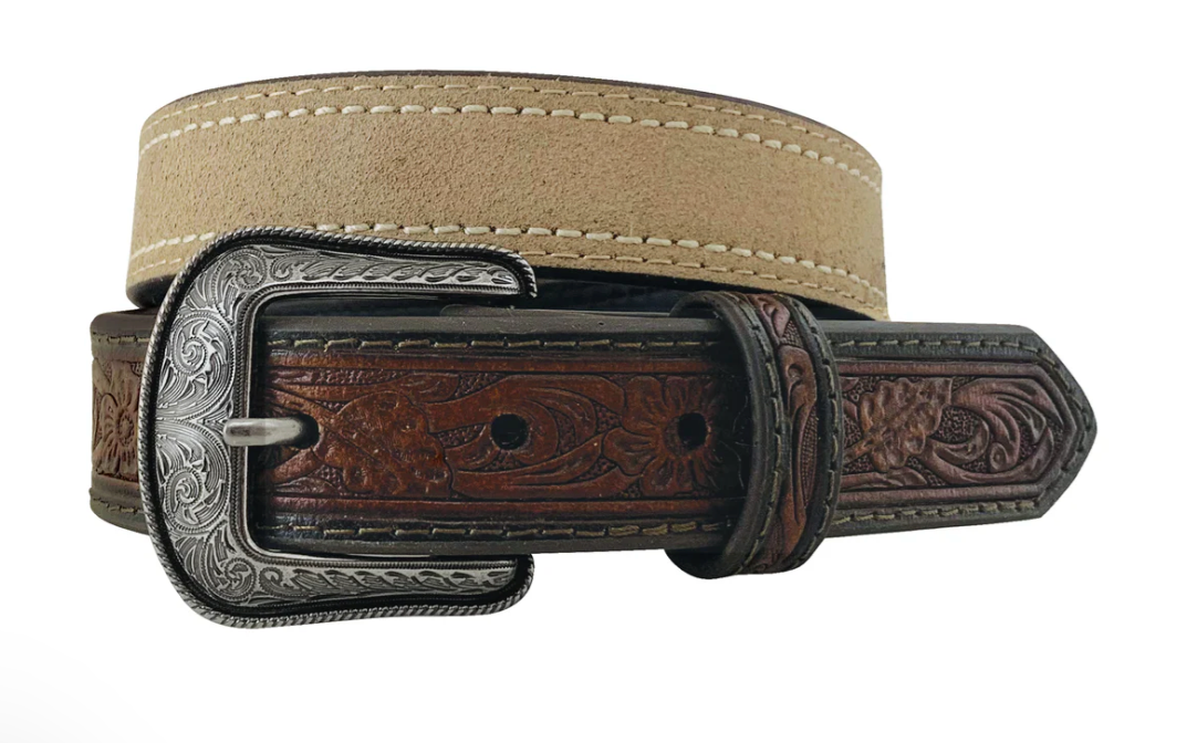 Boy's bridle full grain leather brown belt hand tooled showing premium quality tooled leather western belt for boys