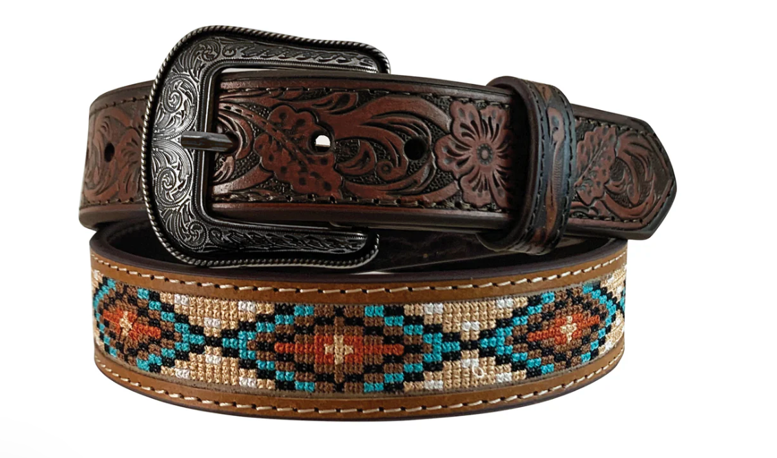 Boy's genuine leather brown belt hand tooled tabs showing quality tooled leather with decorative tab detail