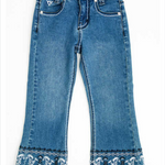 Hardware Cowgirl running horse toddler jeans front view showing adorable western running horse embroidery on quality denim