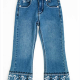 Hardware Cowgirl running horse toddler jeans front view showing adorable western running horse embroidery on quality denim
