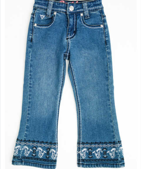 Hardware Cowgirl running horse toddler jeans front view showing adorable western running horse embroidery on quality denim