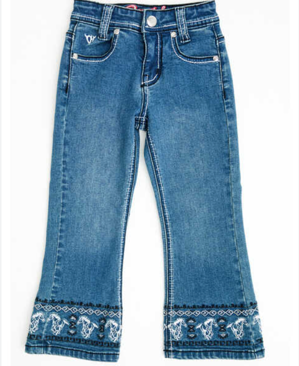 Hardware Cowgirl running horse toddler jeans front view showing adorable western running horse embroidery on quality denim
