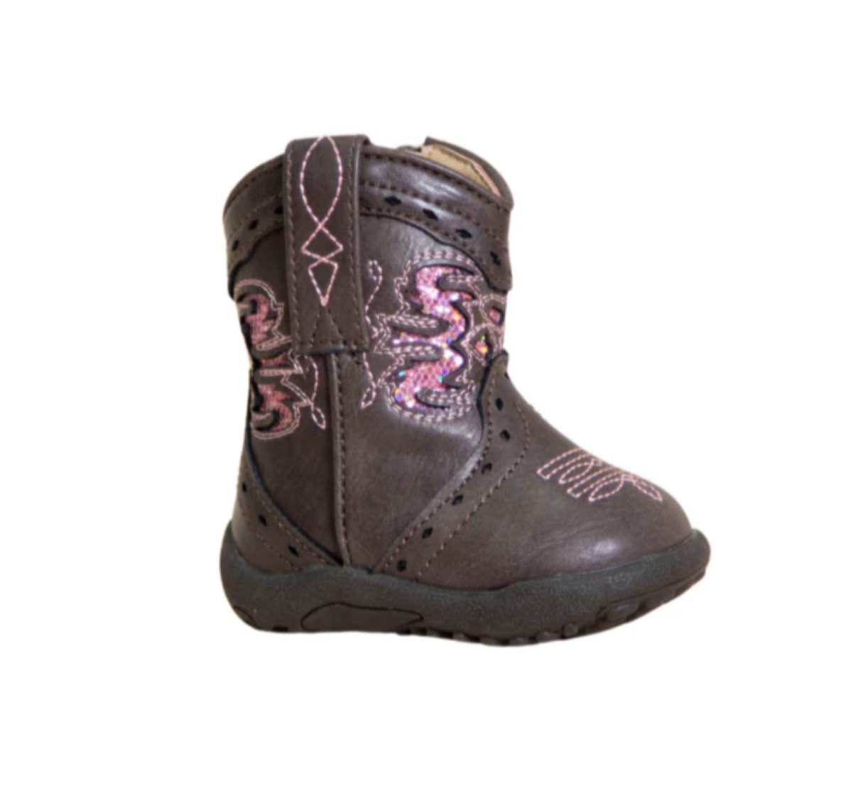 Cowbaby Lexi chocolate glitter roper boots showing charming brown glitter cowboy boots for babies