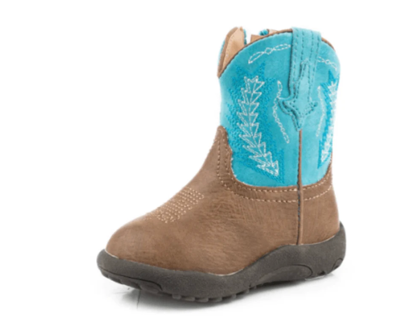 Cowbaby Billy tan and turquoise roper boots showing cute tan with turquoise detail cowboy boots for babies