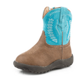 Cowbaby Billy tan and turquoise roper boots showing cute tan with turquoise detail cowboy boots for babies